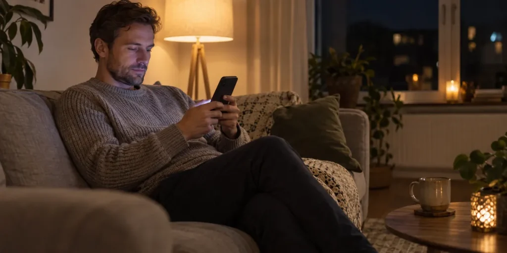 Man i stickad tröja sitter i soffan en kväll och tittar på mobilen